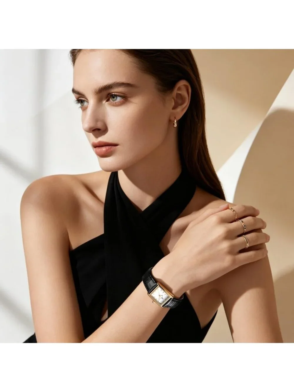 Women's Gold Case Black Rectangle Vintage Leather Strap  Quartz Movement Watch